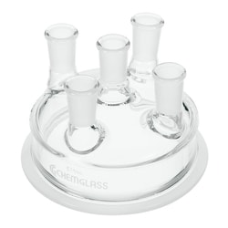 Chemglass Life Sciences 5-Neck Reaction Vessel Lid, 100mm Schott Flange, CN 24/40, 3-SN 24/40 Vertical, 1-SN 24/40 Angled 10°