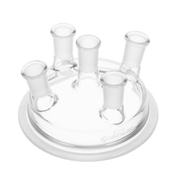 Chemglass Life Sciences Lid, Reaction Vessel, 5-Neck, 100mm Flange ID, Low Profile, 112mm OAH, 24/40 CN, 24/40 SN's Angled 10
