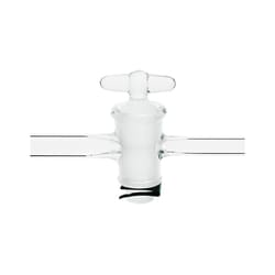 Chemglass Life Sciences Stopcock, Straight Bore, Glass Plug, 1-Arm Larger, 4mm Bore, 17/40 Plug Size, 10mm & 12mm OD Sidearms, #4 Clip Size