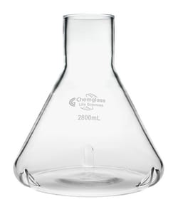 Chemglass Life Sciences&nbsp;Flask, Fernbach, 2800mL, Plain 59mm ID Top, 3 Side Baffles, Approx OD x Height (mm): 210 x 230
