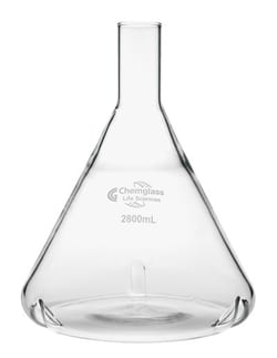 Chemglass Life Sciences Flask, Fernbach, 2800mL, 38mm OD Delong Top, 3 Side Baffles, Approx OD x Height (mm): 210 x 260