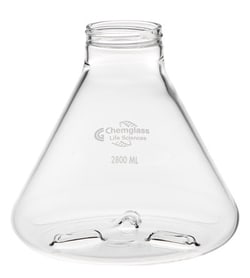 Chemglass Life Sciences Flask, 2800mL, Fernbach, 70mm Screw Thread, With 3 Bottom Baffles, Vented Cap, Approx OD x Height (mm): 210 x 230