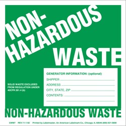 Labelmaster Inc Non-Hazardous Waste Label, w/Generator Info, Stock Paper,