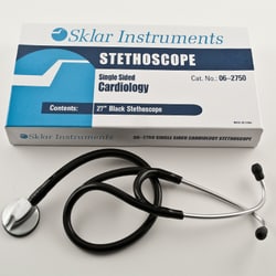 Sklar Instruments Cardiology Stethoscope, Sklar 28 in., Single Head, Stainless Steel / PVC. Sklar  Low Profile Cardiology Stethoscope features a single, zinc alloy chestpiece.