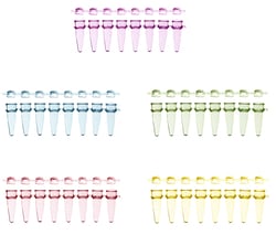Research Products International Corp&nbsp;UltraFlux Strip Tubes with Unattached Caps, Assorted Colors, 0.2ml Capacity, 8 Tubes per Strip, 120 Strips per Case