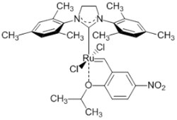 Strem, An Ascensus Company CAS# 502964-52-5. 100mg. [1,3-Bis(2,4,6-trimethylphenylimidazolidin-2-ylidene)]-(2-i-propoxy-5-nitrobenzylidene)ruthenium(II) dichloride nitro-Grela. MFCD28411645
