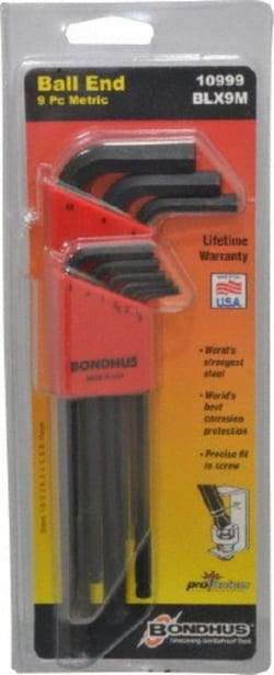 MSC Bondhus 10999 9 Piece L-Key Ball End Hex Key Set Hex Range 1.5 to 10mm,