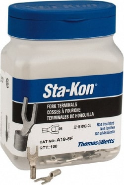 MSC Thomas & Betts A18-6F #6 Stud, 22 to 16 AWG Compatible, Noninsulated, Crimp Connection, Standard Fork Terminal 1/4