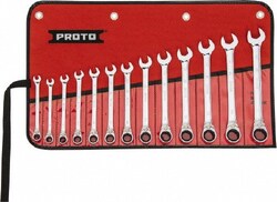 MSC&nbsp;Proto JSCVMT-13S 13 Pc, 7 - 19mm, 12-Point Metric Reversible Ratcheting Combination Wrench Set Full Polish Chrome Finish, 15° Head