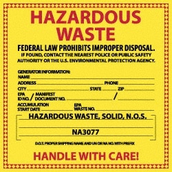 MSC NMC HW8S 25 Qty 1 Pack Solid Waste Hazardous Materials Label Legend: Hazardous Waste - Federal Law Prohibits Improper Disposal, English, 6 x 6