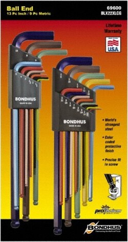 MSC&nbsp;Bondhus 69600 22 Piece L-Key Ball End Hex Key Set Hex Range 0.05 to 3/8