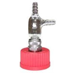 Bellco Glass, Inc. Glass liquid addition system is fabricated from type 1 class a Borosilicate glass with vertical and horizontal hose barbs (9mm od x 3mm id), vertical for liquid addition and the horizontal for pressure venting of the reactor vessel during operation. The b