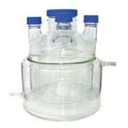 Bellco Glass, Inc. Material: type 1 class a Borosilicate glassDimensions: 300mm od x 325mm overall height4 vertical 45mm sidearms100mm ctr neckSupplied with: 100mm pp blue screw cap & white silicone liner & four 45mm pp blue screw cap & pouring rings