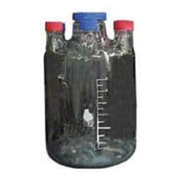 Bellco Glass, Inc. Manufactured from type 1 class a Borosilicate glass. Includes 4 or 6 polypropylene blue screw caps 45mm and pouring rings, also 1 polypropylene blue cap 100mm for the center.    100mm center neck    Graduations: 8-36l    Sidearms: 45mm