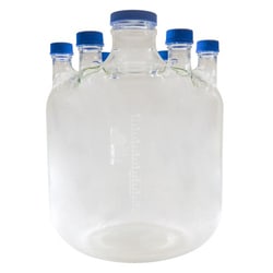 Bellco Glass, Inc. Manufactured from type 1 class a Borosilicate glass. Includes 6 45mm polypropylene blue screw caps and pouring rings, also 1 100mm polypropylene blue cap for the center. Suitable for all cell culture fermentation. Compatible with bellco over head drive an