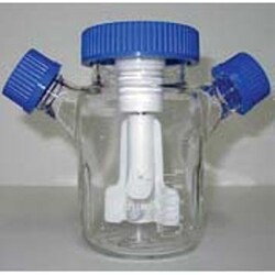 Bellco Glass, Inc. Manufactured from type 1 class a Borosilicate glass. Bottom indent and 3 vertical baffles for optimal mixing.    Sidearm cap: 45mm    Center cap: 100mm    Dimensions: 295