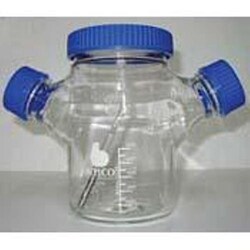 Bellco Glass, Inc. Manufactured from type 1 class a Borosilicate glass. Glass ball houses a magnet for gentle agitation of micro-carrier beads. Specially formed bottom indent prevents accumulation under the impeller.    Size: 8l    Center cap size: 100mm    Sidearm size: