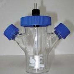 Bellco Glass, Inc.&nbsp;Adjustable spinner height. Ptfe impeller assembly rides on glass bearings for friction free operation. 25ml & 50ml have black phenolic rubber lined caps. 100ml-300ml have polypropylene caps, silicone gasket and pouring rings.    Center (mm):70    Sidear