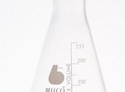 Bellco Glass, Inc. Manufactured from type 1 class a Borosilicate glass. Ideal for general laboratory involving media mixing, storage and dispensing. Narrow mouth with break resistant lip that resists chipping.  Graduated to approximate volumes.    Size: 250ml    Stopper s