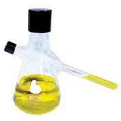 Bellco Glass, Inc. Manufactured from type 1 class a Borosilicate glass. Ideal for growing, storing and mixing or aerobic and anaerobic cultures. Threaded neck and sidearm with clean-out port. Supplied with 38mm and 18mm rubber lined black phenolic screw caps.    Size: 300m