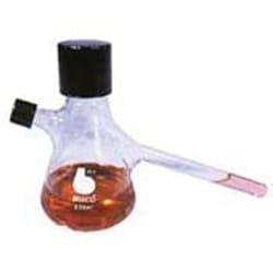 Bellco Glass, Inc. Manufactured from type 1 class a Borosilicate glass. Ideal for growing, storing and mixing of aerobic and anaerobic cultures. Has a threaded neck and sidearm with clean-out port. 3 baffles increase oxygenation of cultures. Supplied with 38mm and 18mm rubb