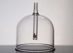 Bellco Glass, Inc. Manufactured from Type 1 Class A Borosilicate Glass. Ideal for use of filling other glass vessels. Receiving vessel is placed under bell to maintain sterility during filling. Attaches to reservoir with rubber tubing.    Dimensions: 104x130mm    Tubing s