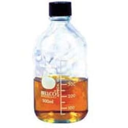 Bellco Glass, Inc. Manufactured from Type1 Class B Borosilicate Glass. Large opening and sloping shoulders facilitate pouring and cleaning. Heavier walls prevent breakage of glass. Media storage bottles have white graduations and a marking area. They are supplied with rubbe