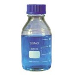 Bellco Glass, Inc. Manufacture from Type 1 Class A Borosilicate Glass.    Size: 500ml    Dimensions: 86x182mm    Includes: 45mm polypropylene blue screw cap and pouring ring