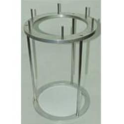 Bellco Glass, Inc. Vessel stand for 3L water jacketed metric bioreactor vessel has unique split ring design to fit around jacket and hose barbs. Manufactured from aluminum and stainless steel for durability and ease of cleaning. Bottom ring insures stability of vessel durin