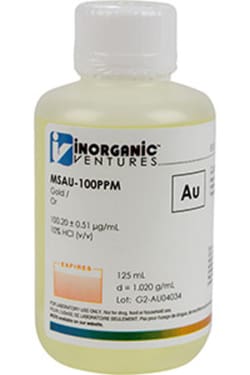 Inorganic Ventures 100µg/mL GOLD HCl 125mL, Quantity: Each of 1