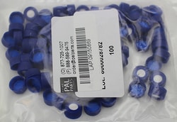 Leap PAL Parts 9 mm Blue Screw Cap w/ White/Silicone, Red/PTFE 1.0 mm thick septa, Pre-slit, Pack 100; LEAP PAL PARTS; mfg# LAP.09150869