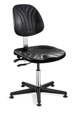 Bevco Precision Manufacturing Co&nbsp;Dura Desk Height Heavy-Duty ISO 5 Cleanroom Black Polyurethane Chair; Articulating Seat & Back Tilt; Black Nylon Base
