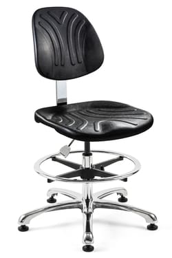 Bevco Precision Manufacturing Co&nbsp;Dura Tall Height Heavy-Duty ISO 4 Cleanroom Black Polyurethane Chair; Non-Tilt; Polished Aluminum Base w/Adjustable Footirng