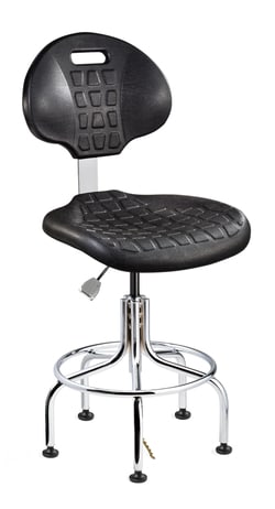 Bevco Precision Manufacturing Co Everlast Tall Height ESD/ISO 4 Cleanroom Black Polyurethane Chair, Articulating Seat & Back Tilt; Chrome Tubular Steel Base w/Welded Footring