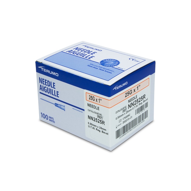 Med Vet International Terumo Needle, 25GX 1in, Hypodermic, 100/BX