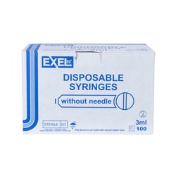 Med Vet International Exel Syringe, 3mL, Luer Slip, with Cap, 100/Box,