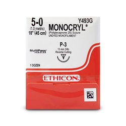 Med Vet International&nbsp;Ethicon Monocryl, 5-0 Poliglecaprone 25 Suture, 18in, P-3, Undyed, 12/Box