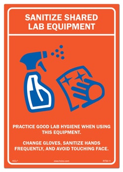 HCL Labels Sanitize Shared Lab Equipment - 7" x 10" Vinyl Label, Quantity: