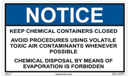HCL Labels Notice - Keep Chemical Containers Closed - 3" x 5" Adhesive