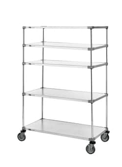 Accuflow Systems 5 shelf mobile solid shelving unit, caster cart, Flat Stainless steel with black powdered corners, 21