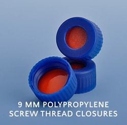Azzota Corp BLUE POLYPROPYLENE SCREW THREAD CLOSURES CAPS, PTFE/SILICONE SEPTUM, Blue PTFE, White Silicone with slit Septum, 100/pk