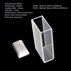 Azzota Corp 20mm Pathlength Standard Cuvettes - 7Ml Pathlength - 20mm Inside Width - 10mm Volume - 7.0Ml Dimensions - 45X12.5X22.5mm Cover And Round Bottom Optical Glass (340Nm-2500Nm)