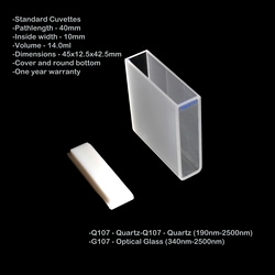 Azzota Corp 40mm Pathlength Standard Cuvette, 14Ml Pathlength, 40mm Inside Width, 10mm Volume, 14.0Ml Dimensions, 45X12.5X42.5mm, Cover And Round Bottom Quartz (190Nm-2500Nm)