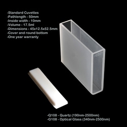 Azzota Corp 50mm Pathlength Standard Cuvettes - 17.5Ml Pathlength - 50mm Inside Width - 10mm Volume - 17.5Ml Dimensions - 45X12.5X52.5mm Cover And Round Bottom Quartz (190Nm-2500Nm)