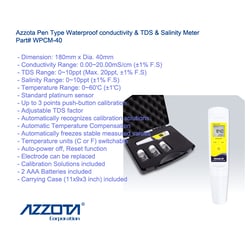 Azzota Corp Pen Type Conductivity Meter With Temp. Conductivity Range: 0.0~19.99 Ms/Cm Conductivity Accuracy: +/- 1.0% Full Scale Display: 0.01Ms/Cm Calibration Points: 1 Points Temp Compensate: 2%/C