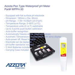 Azzota Corp Pen Type Ph/Mv Meter Waterproof Ph Range: 0.00-14.00Ph Resolution: 0.01 Ph Ph Accuracy: +/-0.05Ph Calibration Points: 2 Points, Ph4.00/Ph9.18