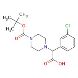 eMolecules​&nbsp;885272-99-1 | 2-(4-Boc-piperazinyl)-2-(3-chlorophenyl)acetic acid | Chem-Impex | MFCD06659336 | 354.830 | C17H23ClN2O4 | 98.000 | CC(C)(C)OC(=O)N1CCN(CC1)C(C(O)=O)c1cccc(Cl)c1 | 250mg | 386894830