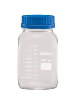 Foxx Life Sciences Borosil® Reagent Square Bottles with PP Screw Cap (GL80), Graduiations and PP Pouring Ring, 5L (5000mL), 1/EA