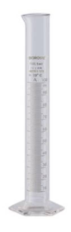 Foxx Life Sciences&nbsp;Borosil&reg; Class B TC Graduated Measuring Cylinder with Pour Spout, Hexagonal Base, and Permanent Amber Graduations, Individual Certificate, 2L(2000mL), 4/CS