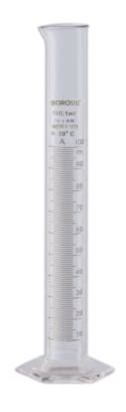 Foxx Life Sciences Borosil® Class B TC Graduated Measuring Cylinder with Pour Spout, Hexagonal Base, and Permanent Amber Graduations, Individual Certificate, 100 mL, 5/CS